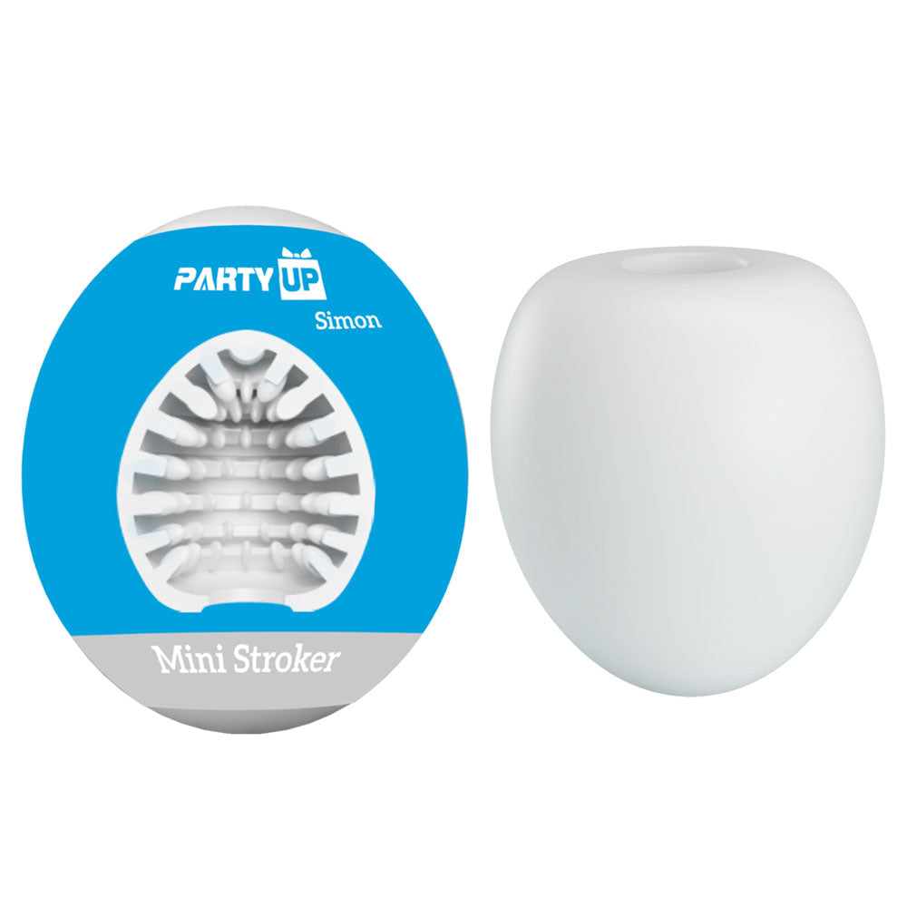 Party Up SIMON Mini Stroker - Mini Stroker displayed with its packaging and textured sleeve for intimate satisfaction.