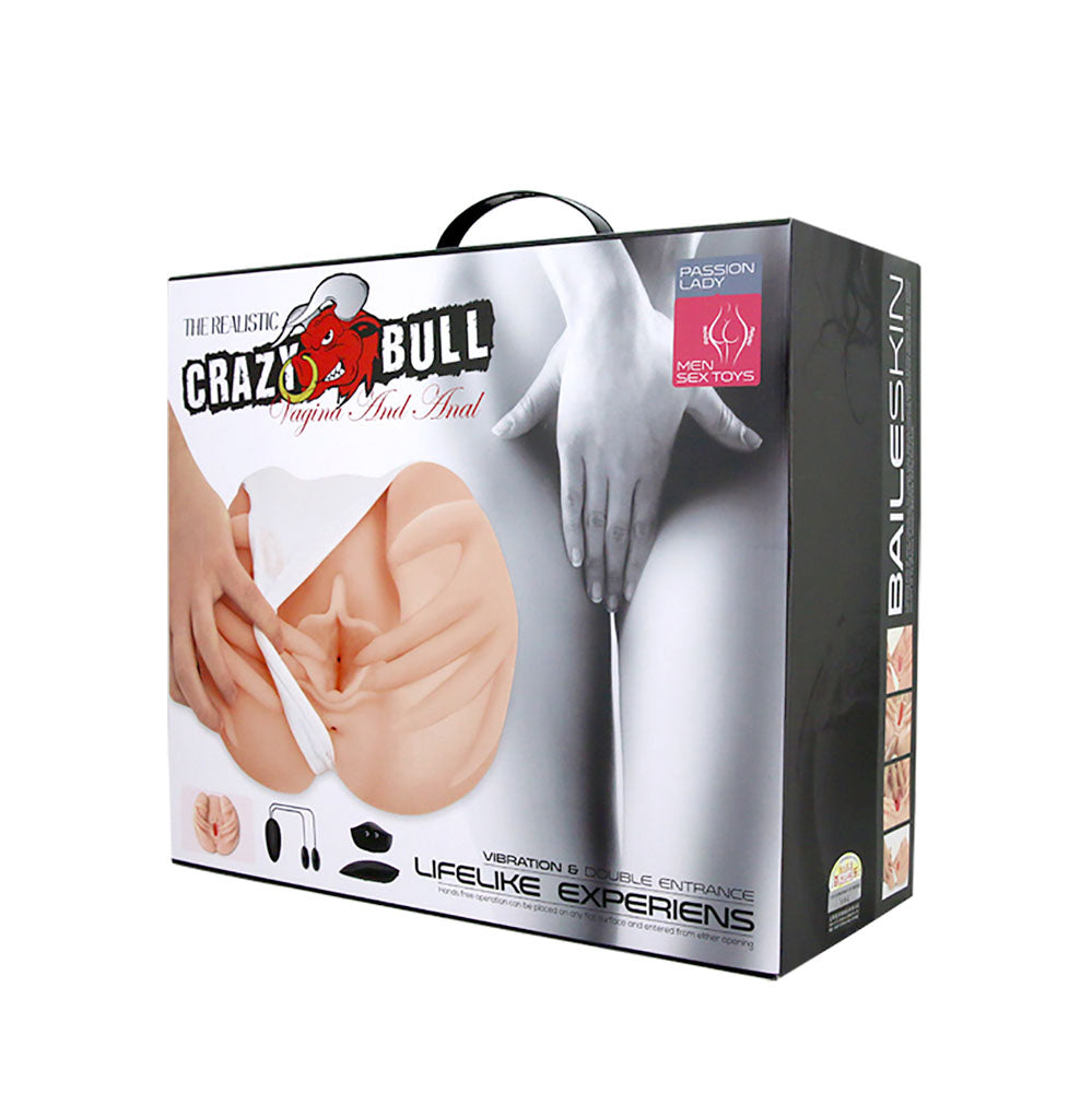 CRAZY BULL Vibrating Spread Torso - Vibrating Spread Torso Masturbator packaging showcasing lifelike features and accessories.
