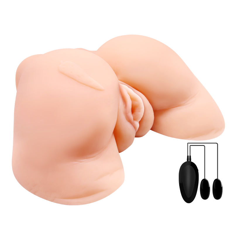 Realistic vibrating male masturbator featuring lifelike pussy and anus with remote control vibrations.
