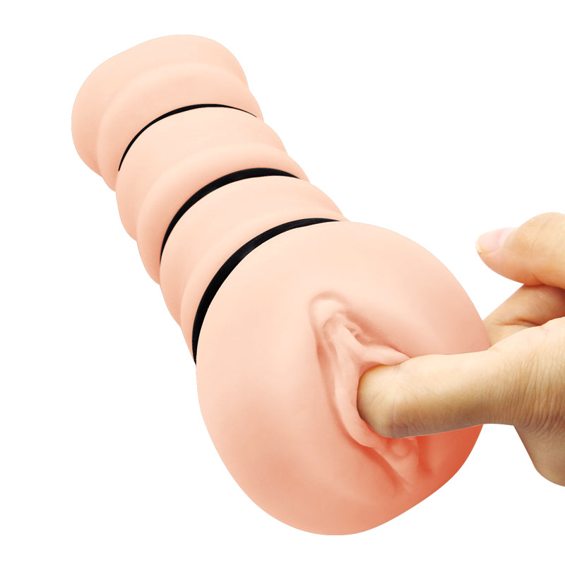 Realistic vagina stroker with tightening rings for intense stimulation and lifelike experience.