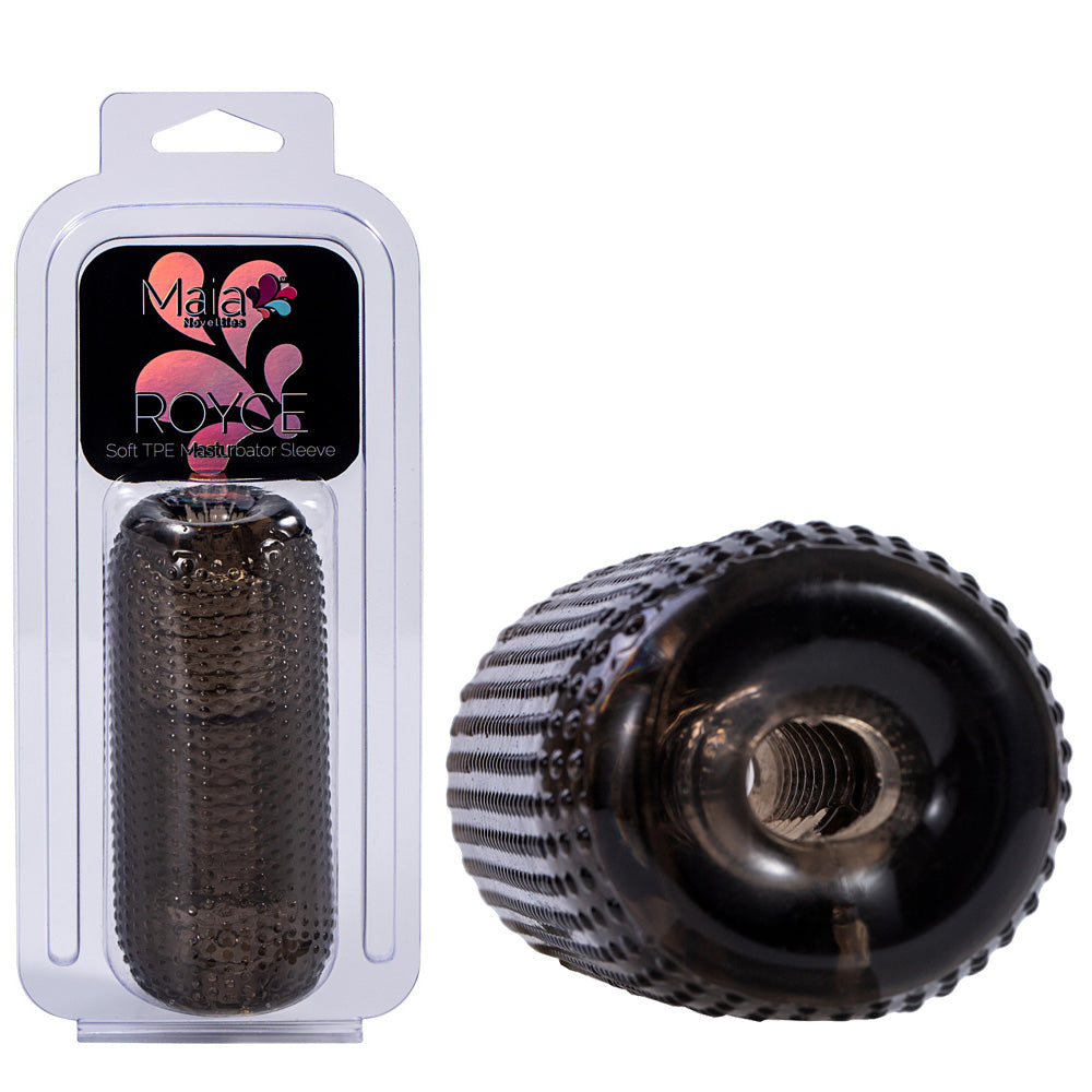 Maia ROYCE -  -  12 cm Stroker in packaging, soft TPE male masturbator sleeve with ribbed texture.