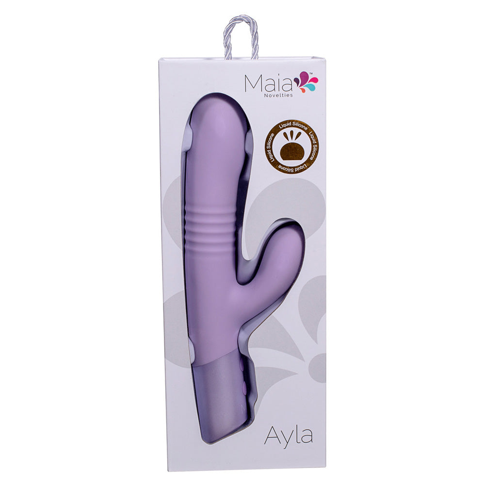 Maia AYLA - Lavender 24.4 cm USB Rechargeable Thrusting Rabbit Vibrator packaging showing design and branding.