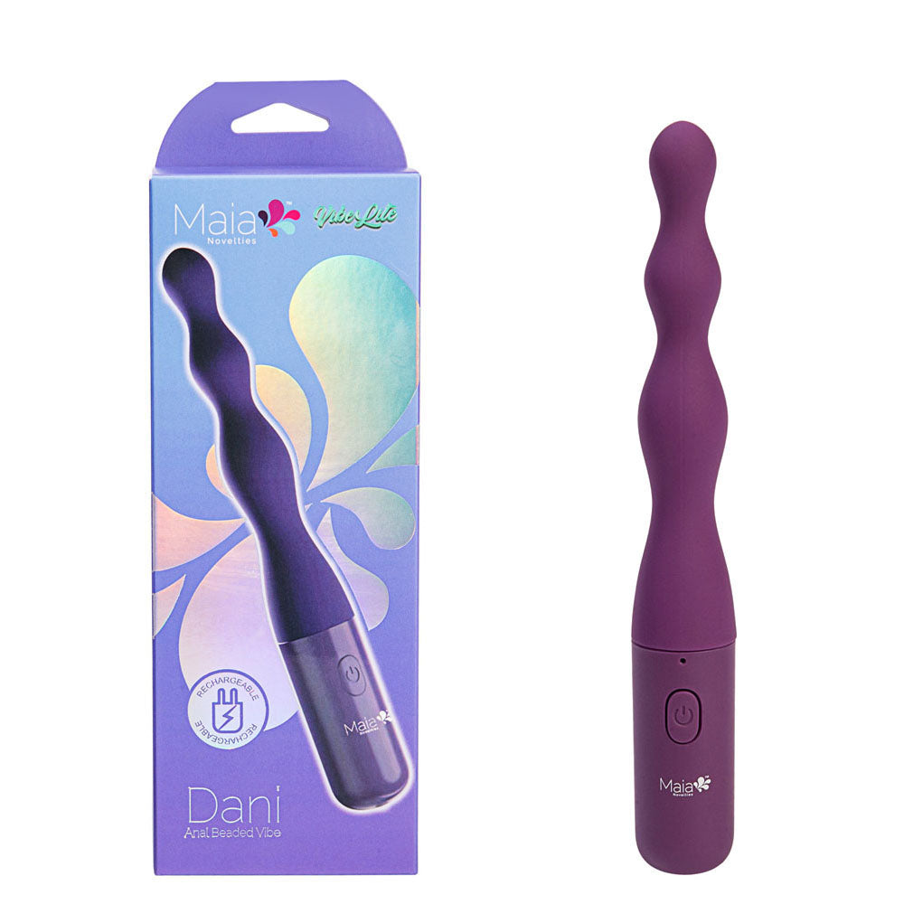 Maia DANI -  17.8 cm USB Rechargeable Beaded Vibrator in packaging next to the product for intimate essentials.