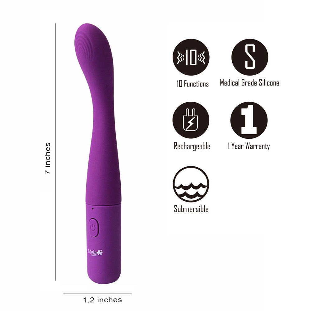 Maia CHELSI -  17.8 cm USB Rechargeable Vibrator in purple, showcasing its G-Spot shape and features.