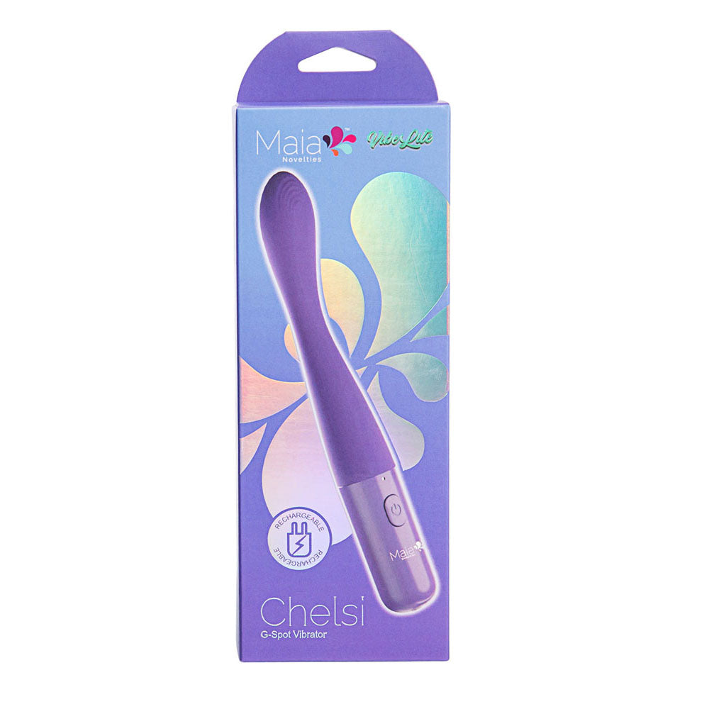 Maia CHELSI - 17.8 cm USB Rechargeable Vibrator packaging featuring G-Spot design and push button control.