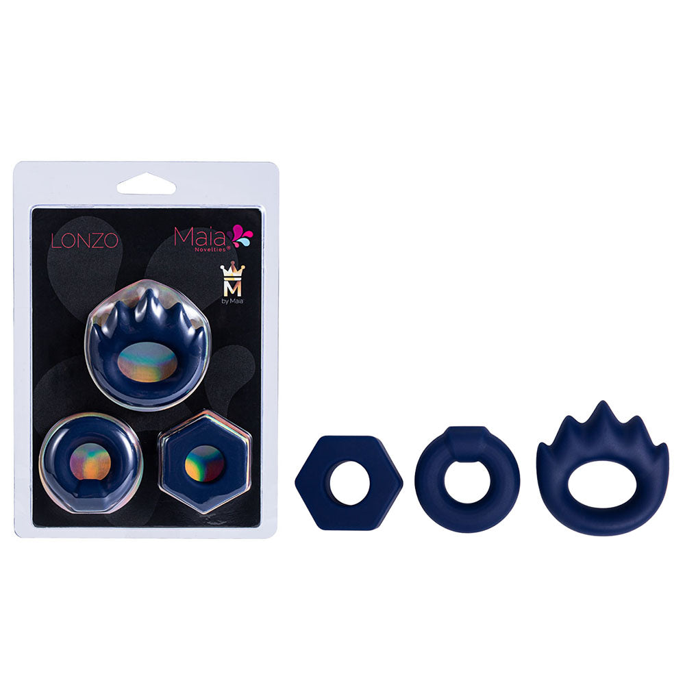 Maia LONZO - Silicone Cock Rings - Set of 3 in navy blue packaging with three silicone rings displayed.
