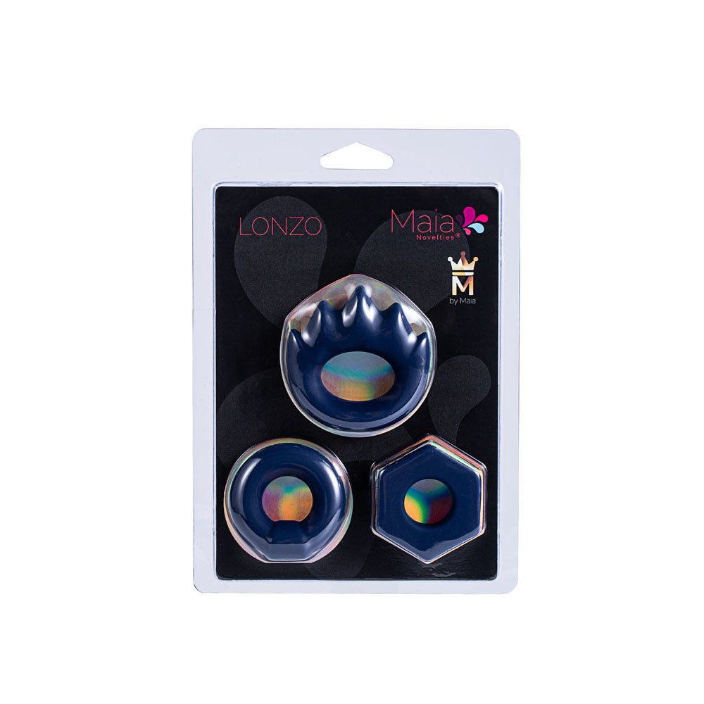 Maia LONZO -  Silicone Cock Rings - Set of 3 packaging featuring three colorful rings