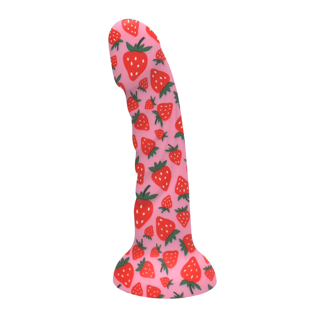 Maia JUCI - 17.8 cm Dong in strawberry print, made of medical grade silicone, with strong suction cup base.