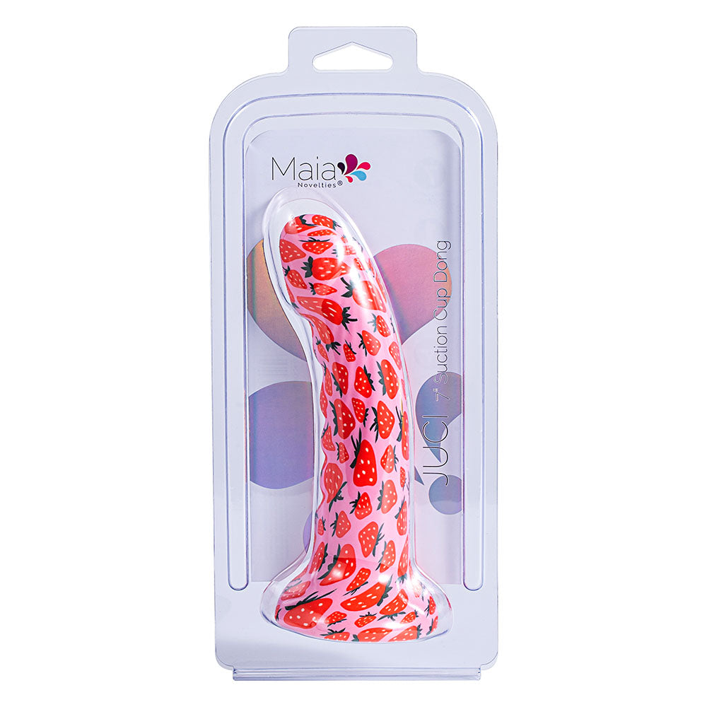 Maia JUCI - 17.8 cm Dong in strawberry print packaging, showcasing its 7-inch silicone design and suction cup base.