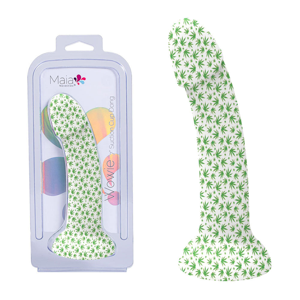 Maia WOWIE - Glow in Dark 17.8 cm Dong in packaging showcasing its weed print design and strong suction cup.