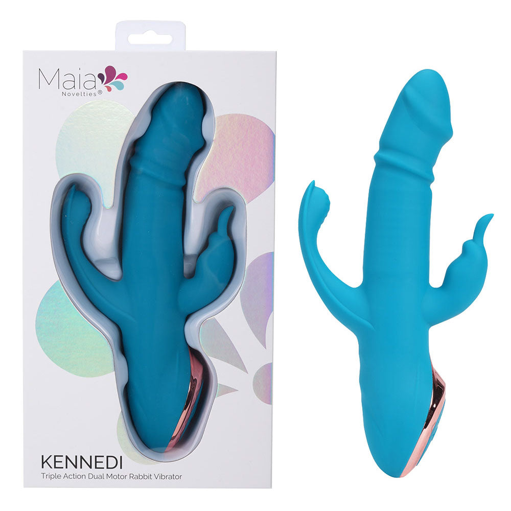 Maia KENNEDI - 23.5 cm USB Rechargeable Triple Stimulating Vibrator in packaging, showcasing its dual motor and versatile design.