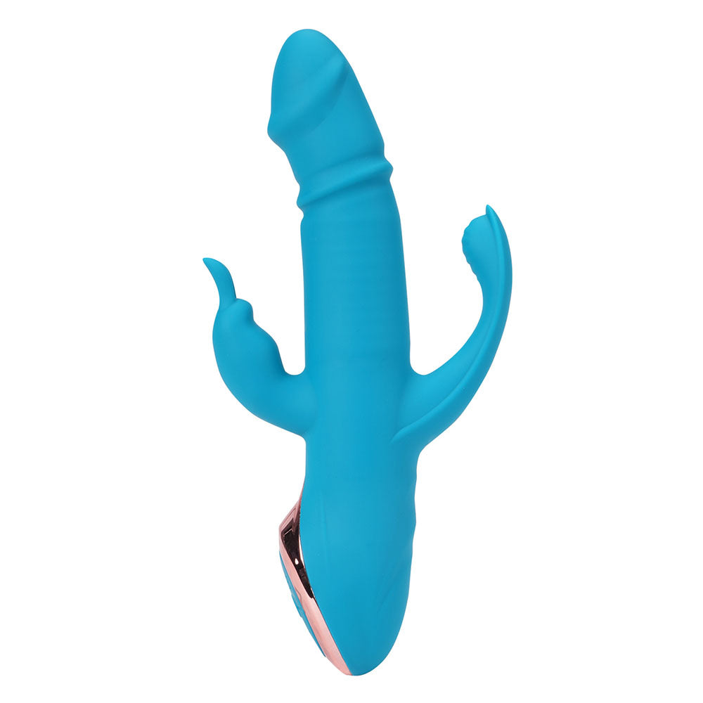 Maia KENNEDI - 23.5 cm USB Rechargeable Triple Stimulating Vibrator in blue color with dual motors and oscillating shaft.