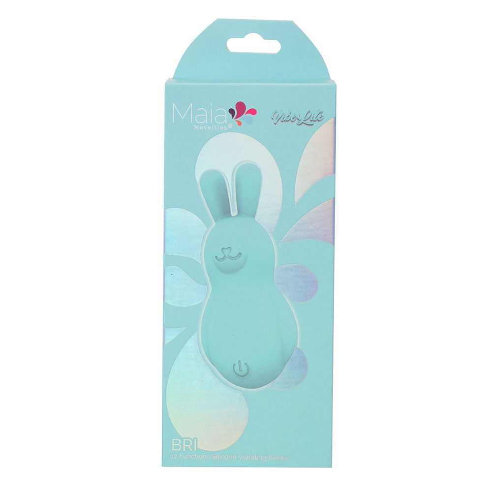 Maia BRI - Teal - Teal 9 cm USB Rechargeable Vibrating Bunny Bullet packaging on display.