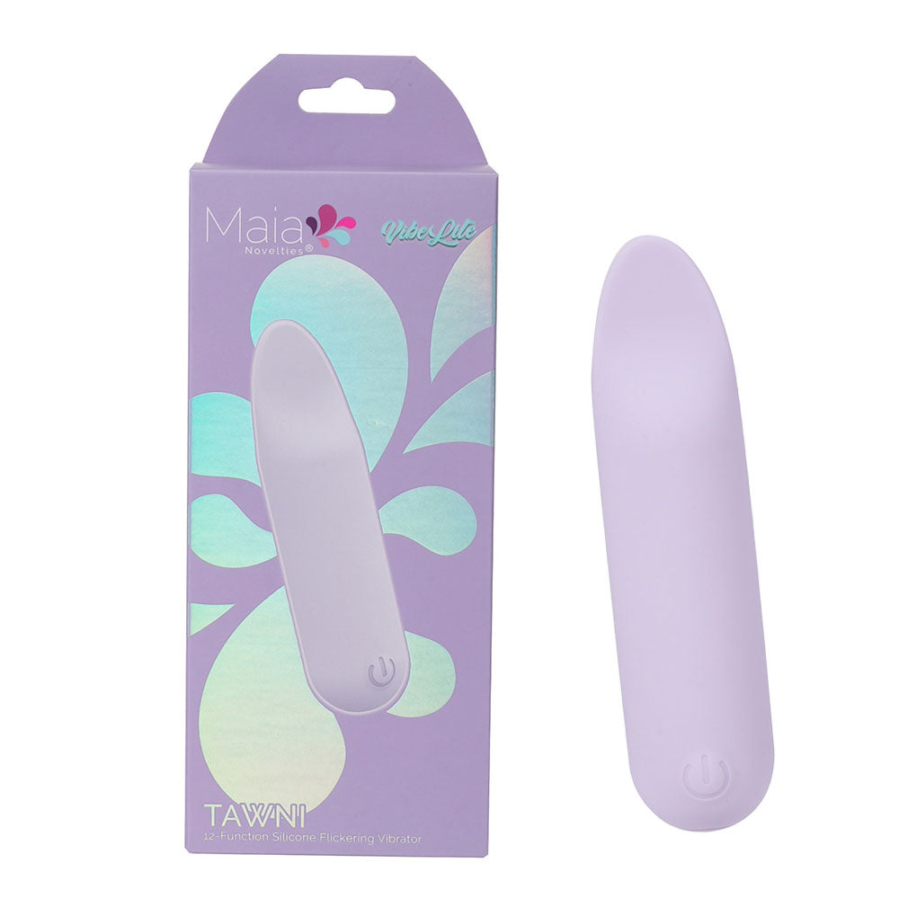 Maia TAWNI - Lavender - Lavender 9 cm USB Rechargeable Bullet with Flickering Tip product packaging and vibrator.