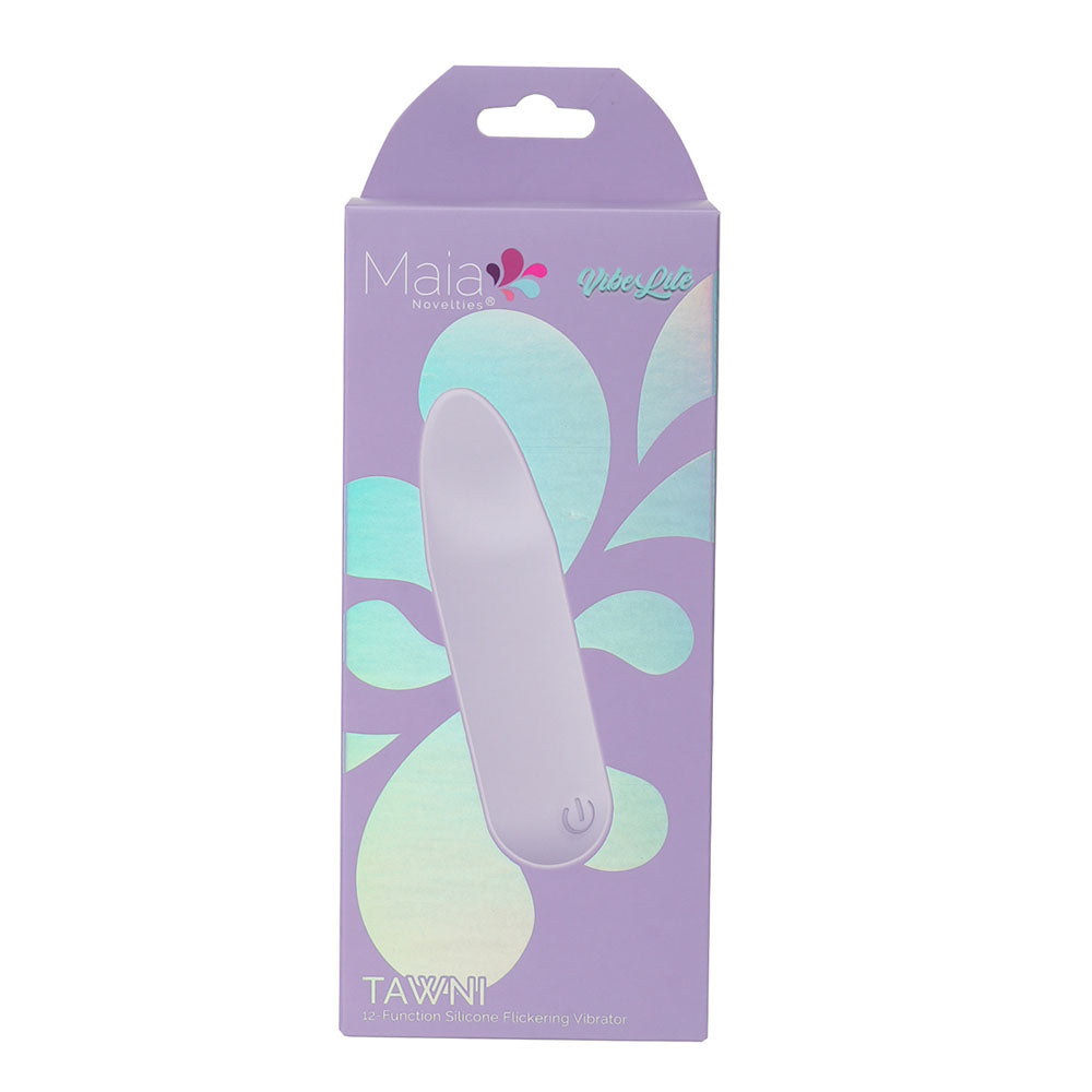 Maia TAWNI - Lavender - Lavender 9 cm USB Rechargeable Bullet with Flickering Tip packaging, showcasing vibrant design.