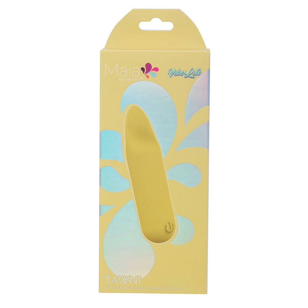 Maia TAWNI -  -  9 cm USB Rechargeable Bullet with Flickering Tip packaging showcasing its design and features.