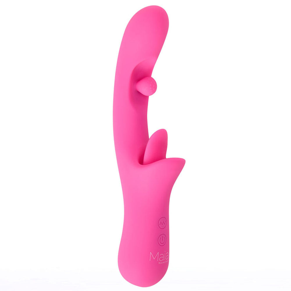Maia ALORA - 24.1 cm USB Rechargeable Rotating & Licking Vibrator in pink silicone for intense sensations.