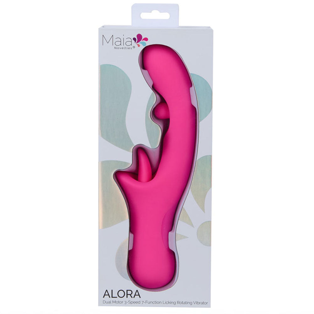 Maia ALORA - 24.1 cm USB Rechargeable Rotating & Licking Vibrator in packaging, luxurious pink design for pleasure.