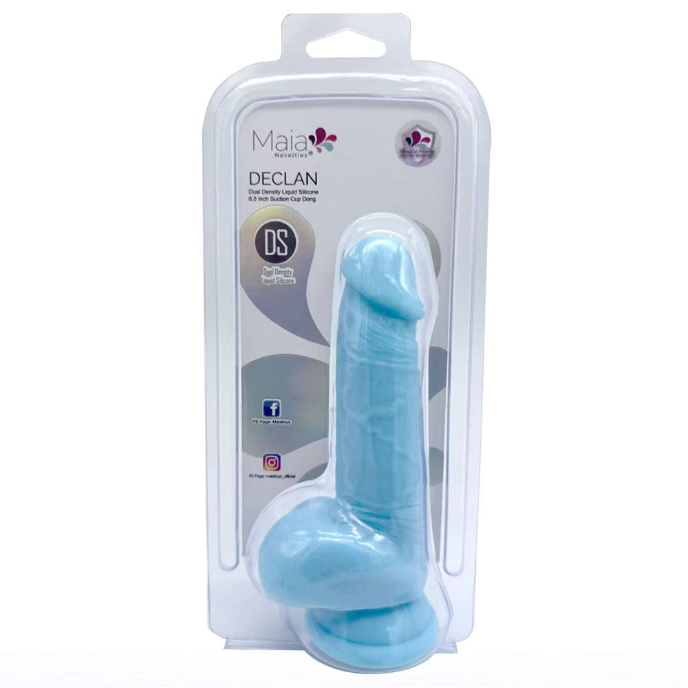 Maia DECLAN -  -  16.5 cm Dual Density Dong in blue packaging with suction cup, designed for lifelike sensation.