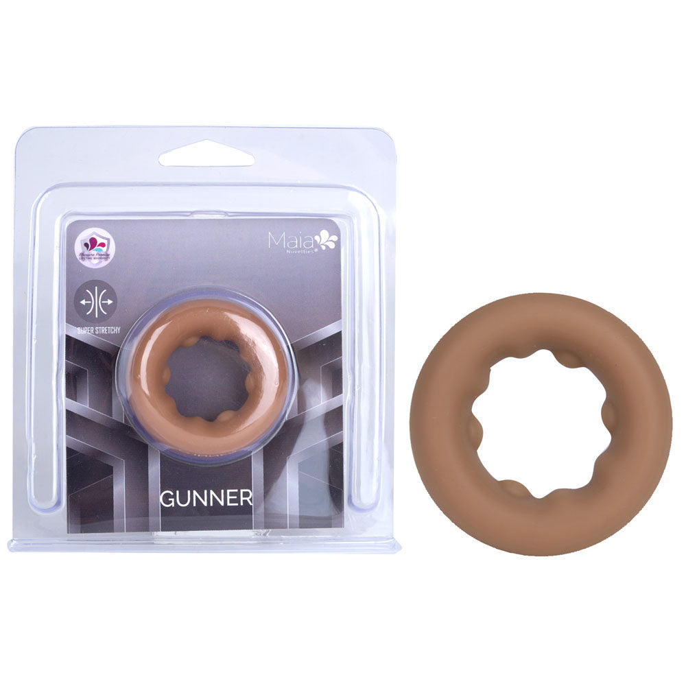 Maia GUNNER - Caramel - Tan Brown Cock Ring in packaging with nubbed design, perfect for enhancing performance.