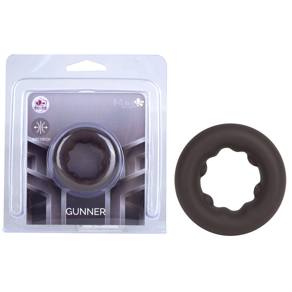 Maia GUNNER - Chocolate - Dark  Cock Ring in packaging showcasing its design and color for intimate essentials.
