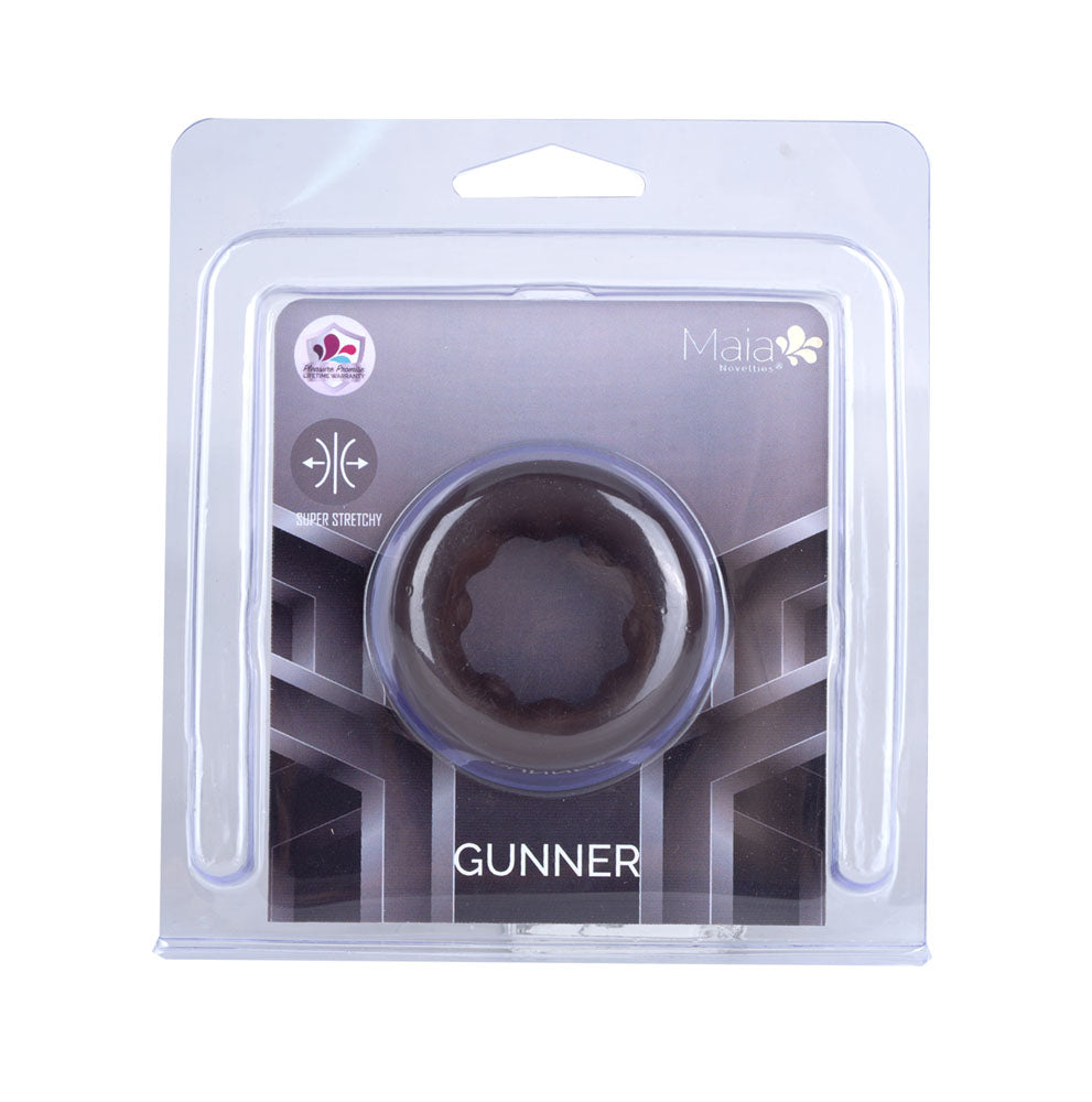 Maia GUNNER - Chocolate - Dark  Cock Ring packaging with label and design features for adult novelty store.