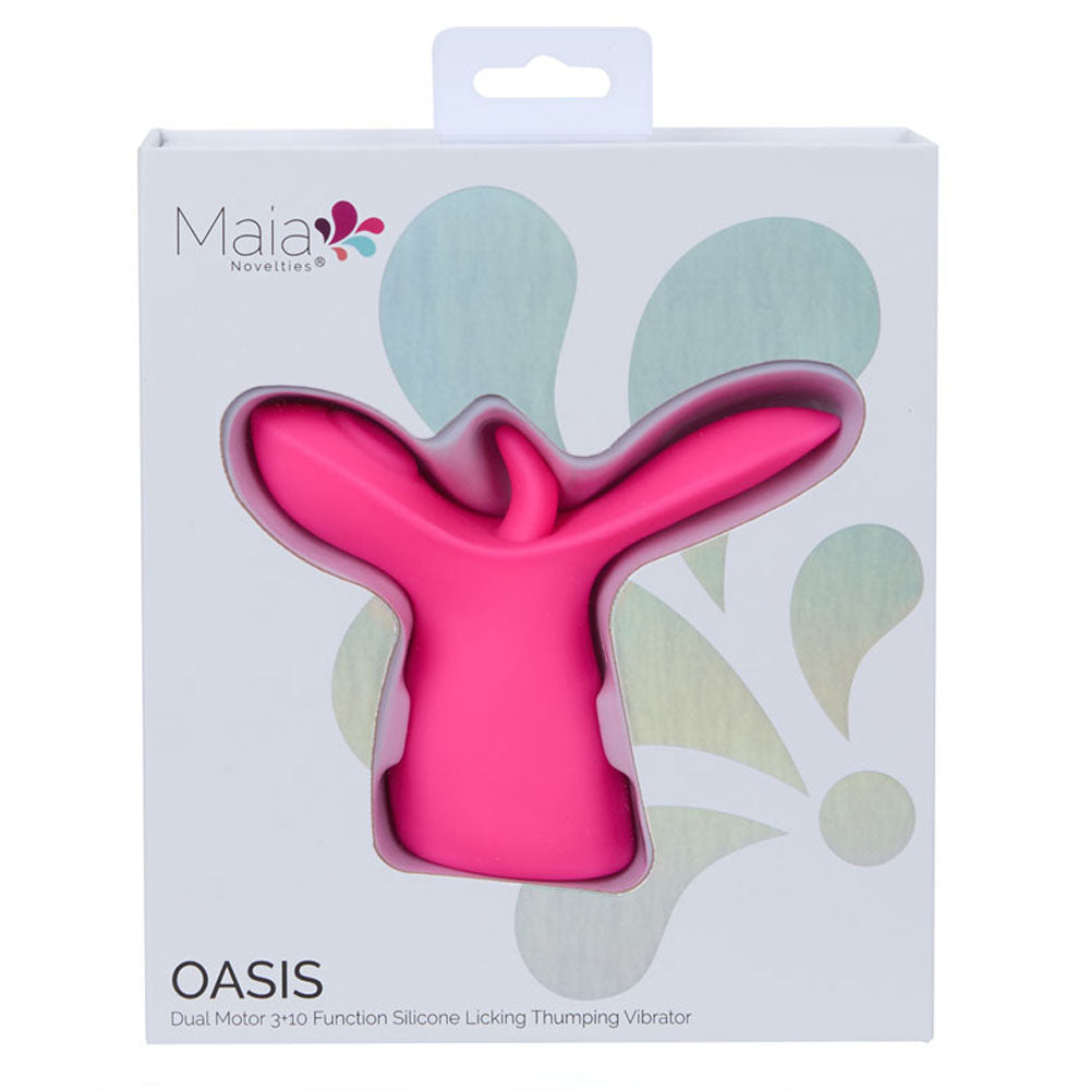 Maia OASIS -  -  USB Rechargeable Dual Motor Licking & Thumping Stimulator in vibrant pink packaging.