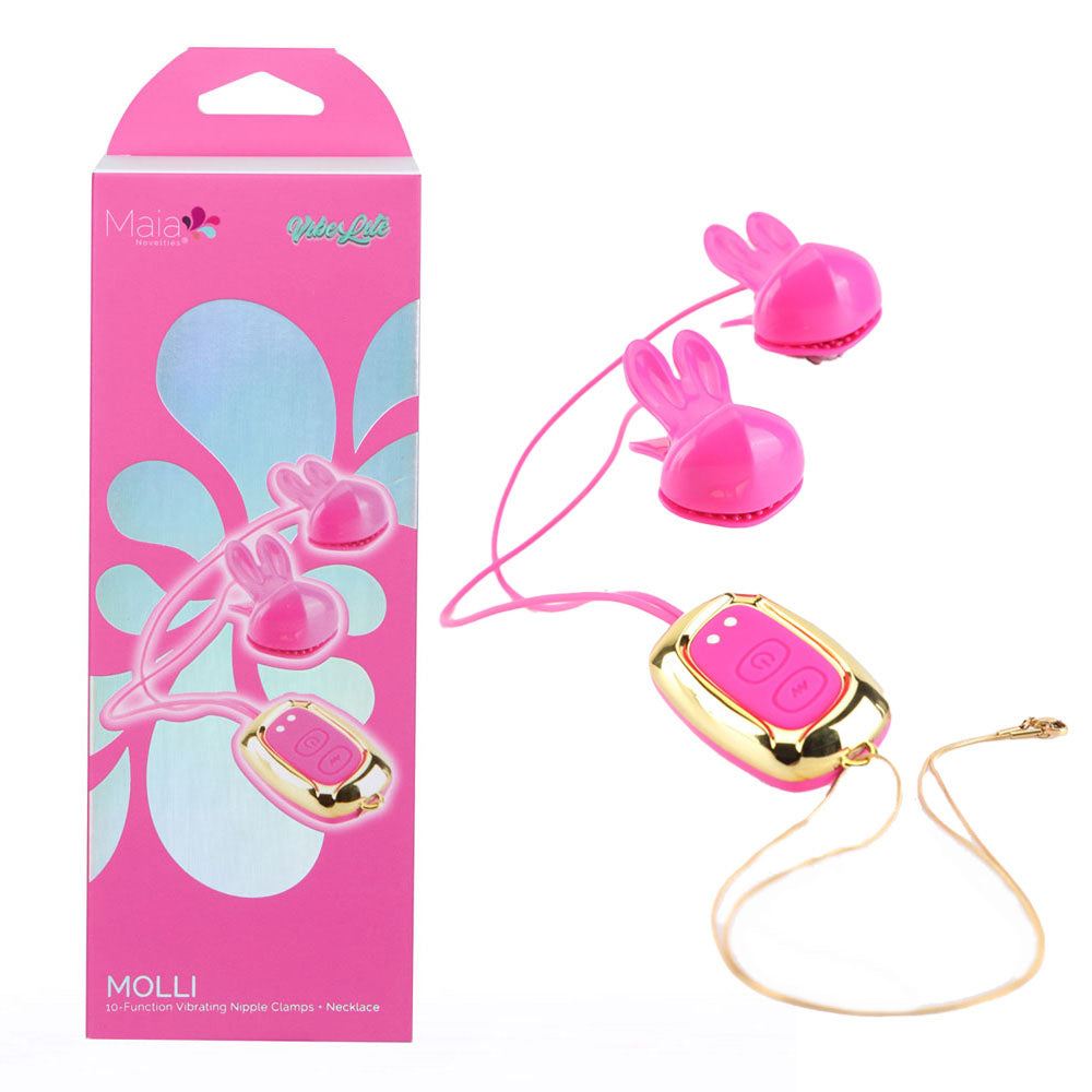 Maia MOLLI -  -  USB Rechargeable Vibrating Nipple Clamps & Necklace with playful bunny design and remote control.