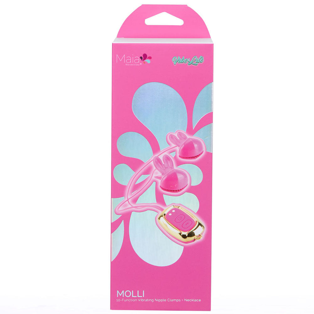 Maia MOLLI -  -  USB Rechargeable Vibrating Nipple Clamps & Necklace packaging design in pink.