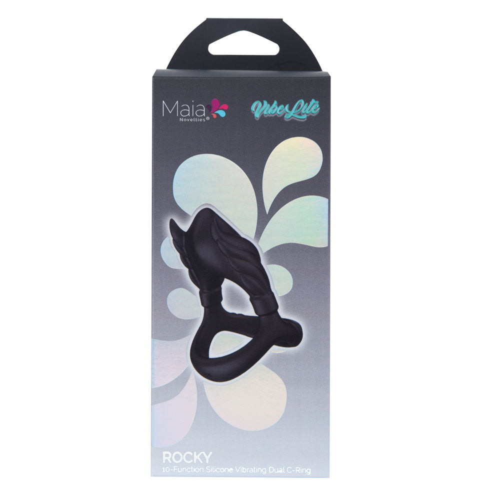 Maia ROCKY -  -  USB Rechargeable Vibrating Cock & Balls Ring packaging showcasing the unique design and features.