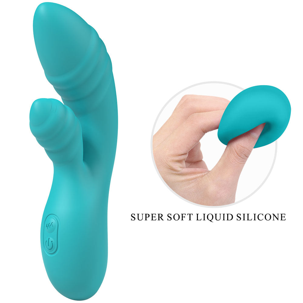 Party Up DALIDA - Teal - Teal 16.2 cm USB Rechargeable Rabbit Vibrator in super soft liquid silicone design.
