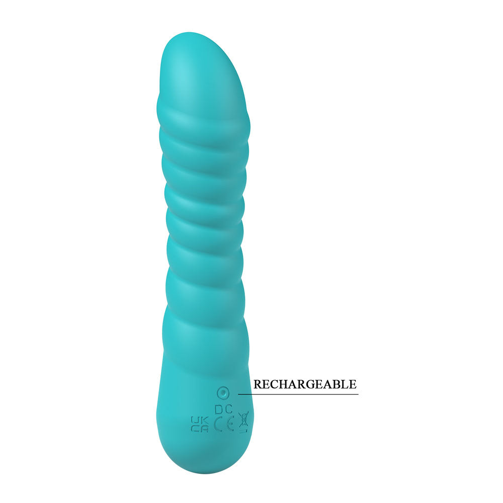 Party Up JAYLEI - Teal - Teal 14.6 cm USB Rechargeable Vibrator with ribbed texture for stimulation.