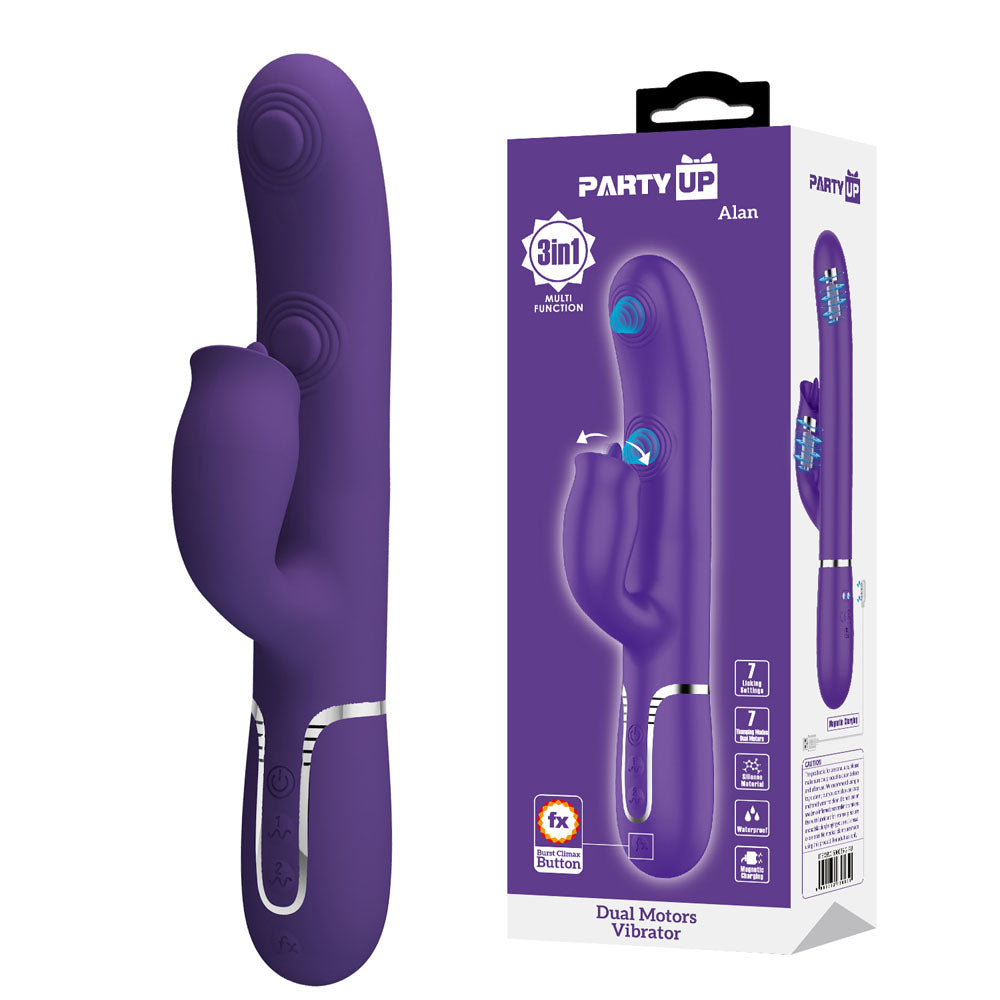 Party Up ALAN Dual Motor Vibrator - 22.8 cm USB Rechargeable Vibrator with Licking Clit Stimulator and Thumping Shaft.