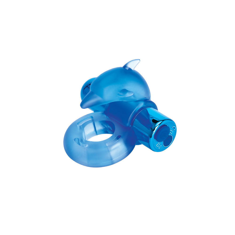 Bodywand Rechargeable Dancing Dolphin Ring -  USB Rechargeable Vibrating Cock Ring in blue with dolphin-shaped stimulator.