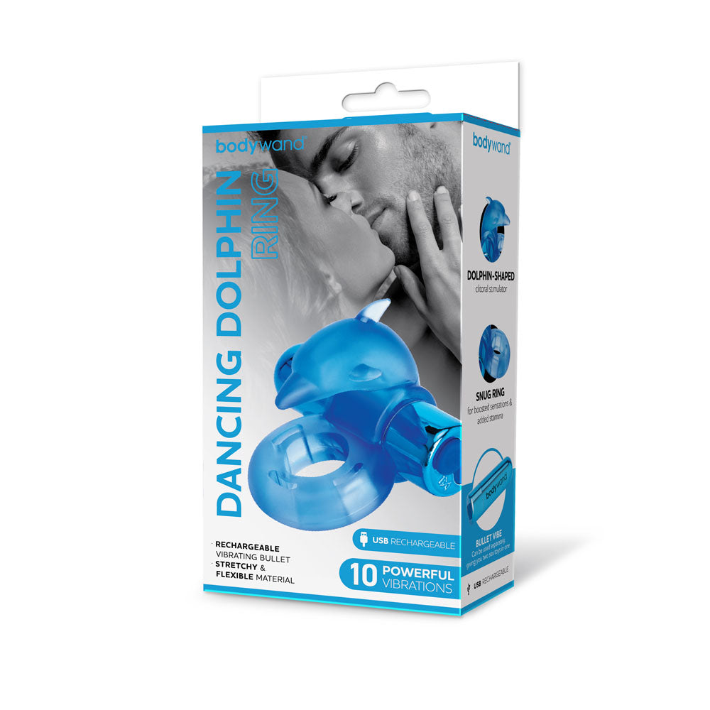 Bodywand Rechargeable Dancing Dolphin Ring - USB Rechargeable Vibrating Cock Ring packaging with couple kissing.