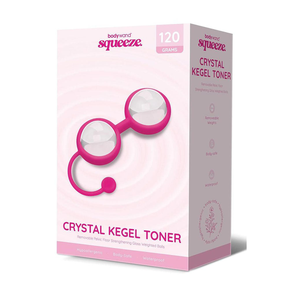 Bodywand Squeeze Crystal Kegel Toner - Glass Weighted Kegel Balls Set packaging with product details and design.