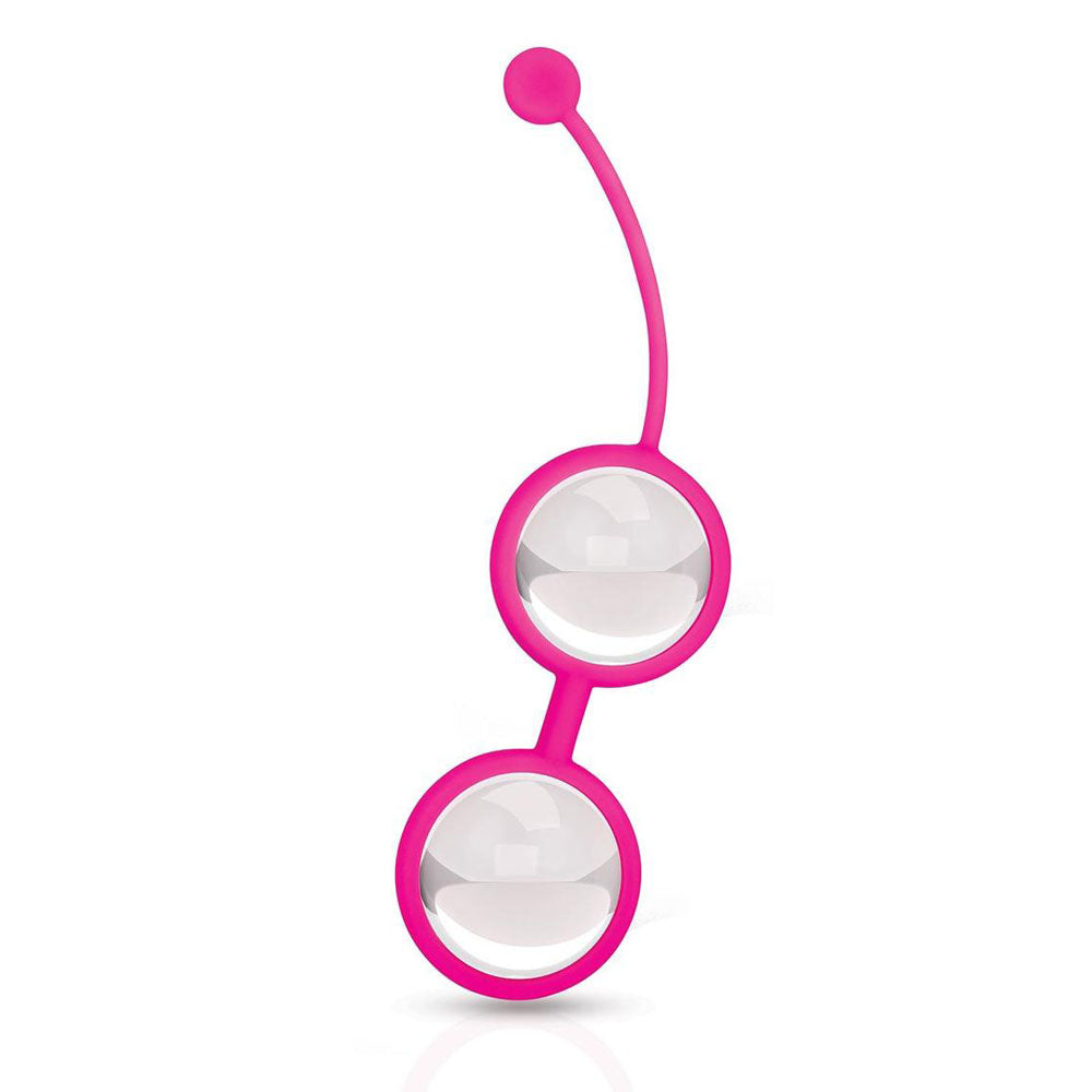 Bodywand Squeeze Crystal Kegel Toner - Glass Weighted Kegel Balls Set in vibrant pink with silicone retrieval cord.