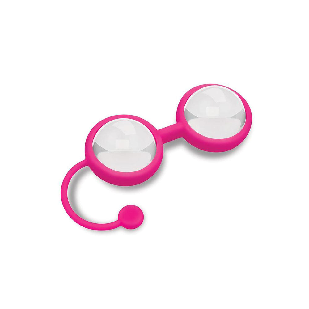 Bodywand Squeeze Crystal Kegel Toner - Glass Weighted Kegel Balls Set in pink with silicone retrieval cord.