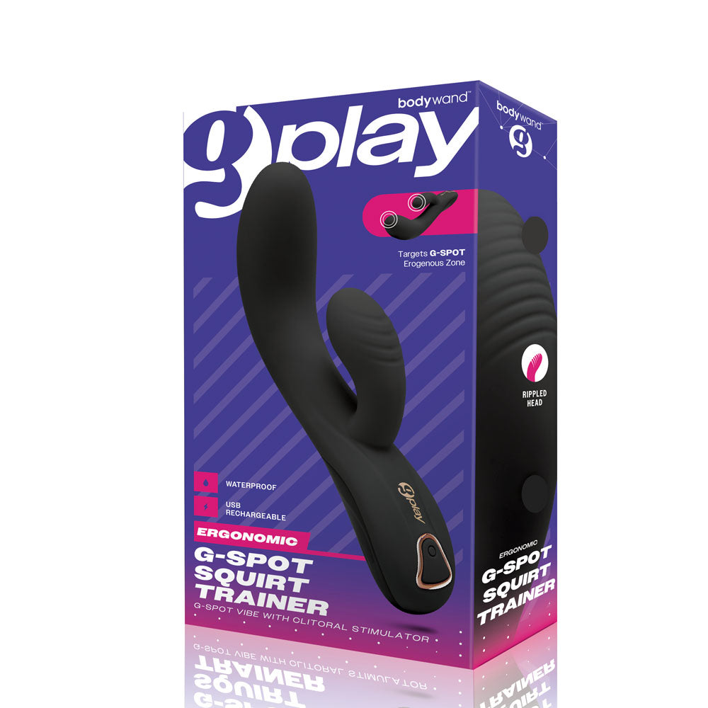 Bodywand G-Play G-Spot Squirt Trainer - 19 cm USB Rechargeable Vibrator packaging showcasing ergonomic design and features.