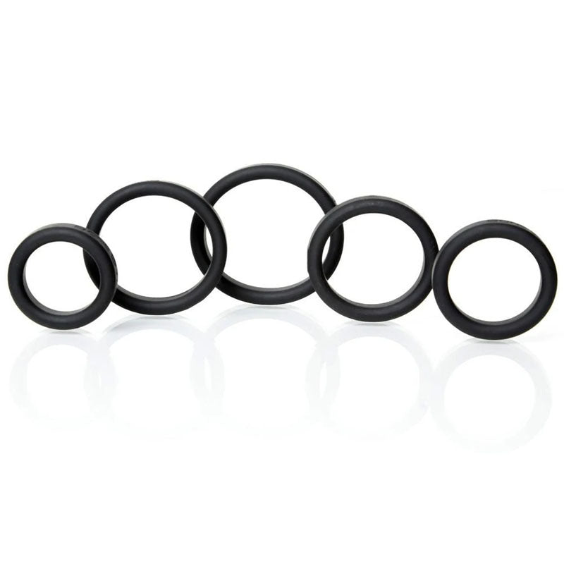 Boneyard Silicone Ring 5 Pcs Kit -  Cock Rings - Set of 5 Sizes showcasing a collection of black silicone rings.