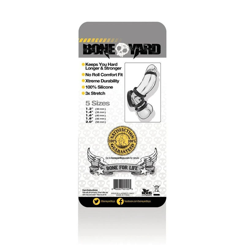 Boneyard Silicone Ring 5 Pcs Kit - Cock Rings - Set of 5 Sizes back packaging showing features and sizes.