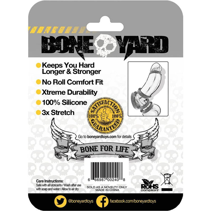 Boneyard Silicone Ring 40mm - 40 mm Cock Ring packaging, highlighting comfort, durability, and material features.