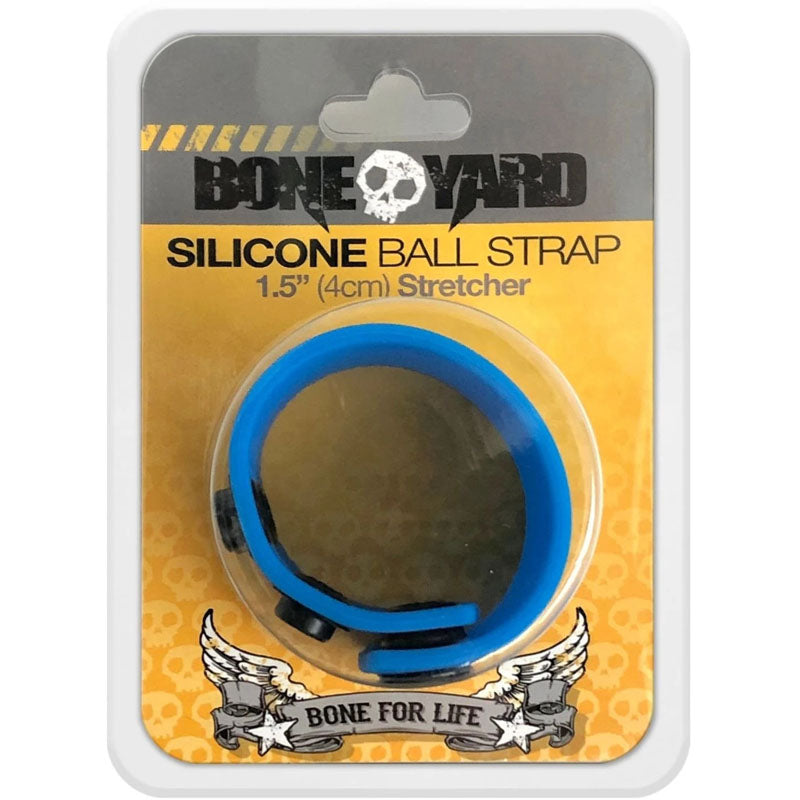 Boneyard Silicone Ball Strap - 3-Snap 4 cm Adjustable Ball Stretcher Ring in blue packaging