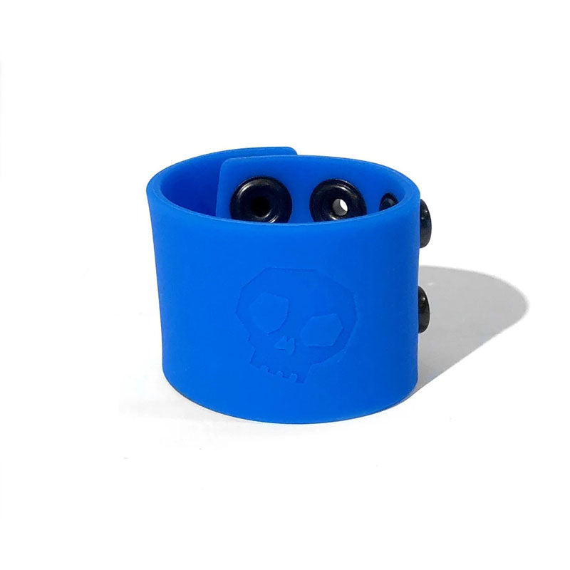 Boneyard Silicone Ball Strap - 3-Snap 4 cm Adjustable Ball Stretcher Ring in blue with skull design.