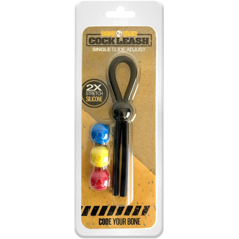 Boneyard Cock Leash Single -  Adjustable Cock Lasso Ring packaging with black silicone and color-coded beads