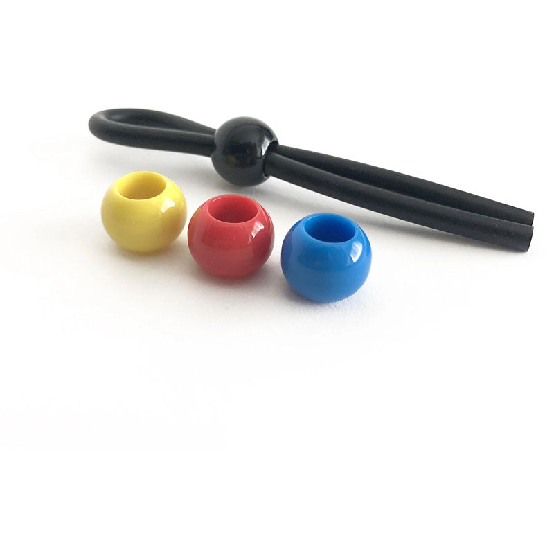 Boneyard Cock Leash Single -  Adjustable Cock Lasso Ring with colorful ABS latches in red, yellow, and blue.