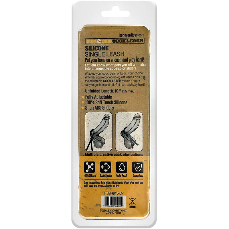 Boneyard Cock Leash Single -  Adjustable Cock Lasso Ring packaging, featuring 100% silicone and adjustable design.