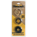 Boneyard Triple Play Cock Rings - 3 Pack showcasing three stackable bulge rings in black, clear, and smoke colors.