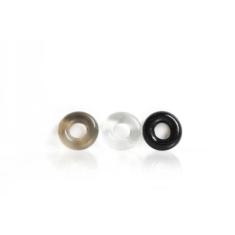 Boneyard Triple Play Cock Rings - 3 Pack featuring black, clear, and smoke colored rings for enhanced pleasure and comfort.