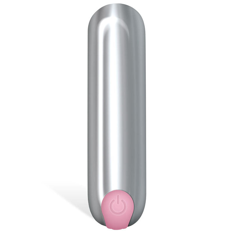 Adam & Eve Silicone Rechargeable Finger Vibe - USB Rechargeable Finger Stimulator with chrome finish and pink power button.